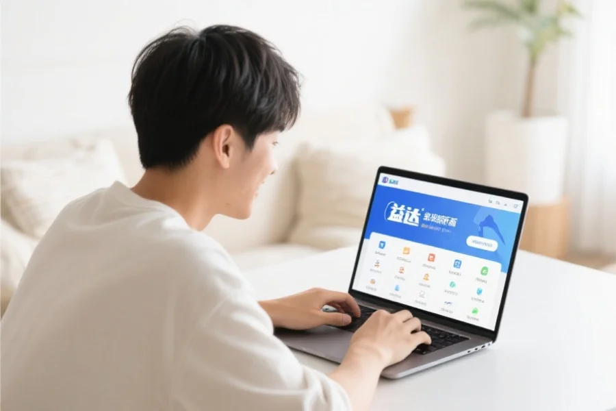 一位年轻用户在明亮舒适的室内环境中愉快地使用笔记本电脑，屏幕上展示意昂客户端新版界面